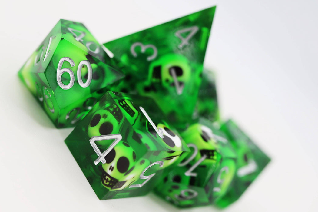 Sharp Edge Resin RPG Dice Set - Green Skulls Accessories Foam Brain Games   