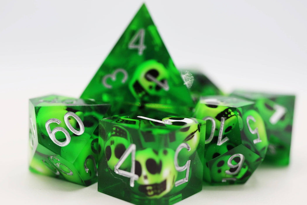 Sharp Edge Resin RPG Dice Set - Green Skulls Accessories Foam Brain Games   