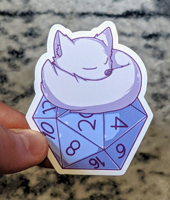 Arctic Fox Sleeping On D20 Sticker - 3" Gift Mimic Gaming Co   