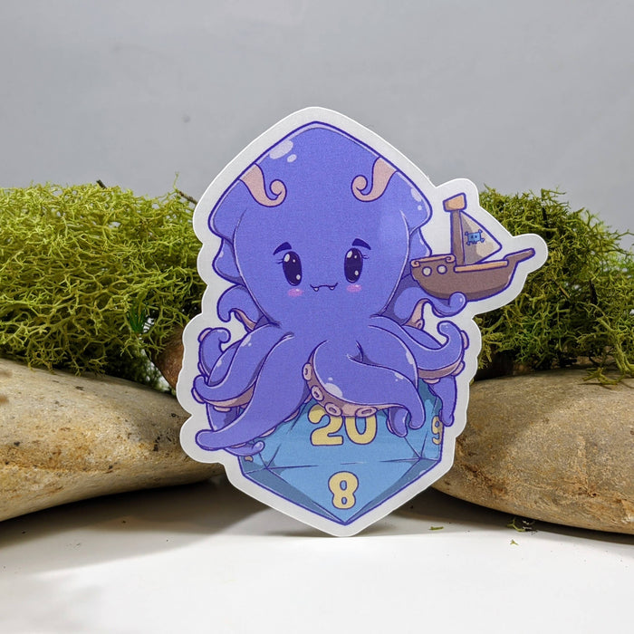 Chibi Kraken Atop A D20 Polyhedral Dice Sticker - 2.5" Gift Mimic Gaming Co   